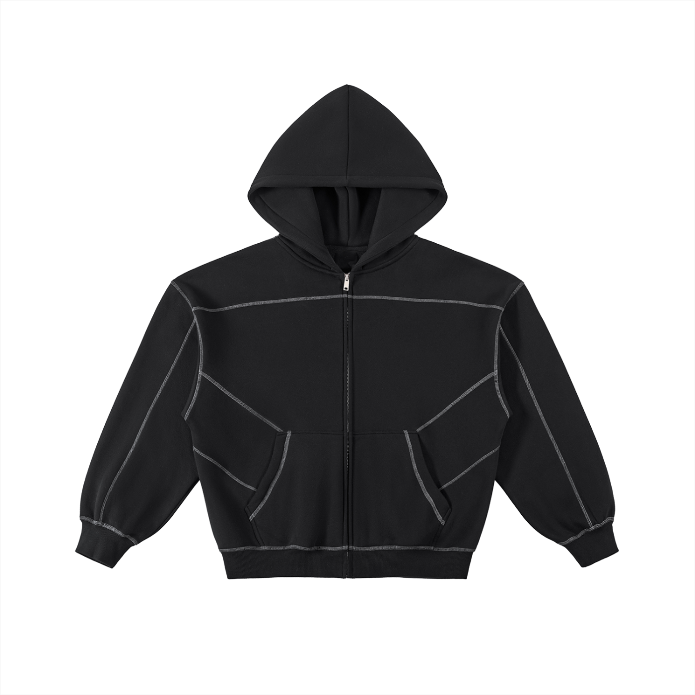 Contrast-Stitched Boxy Fleece Zip Hoodie